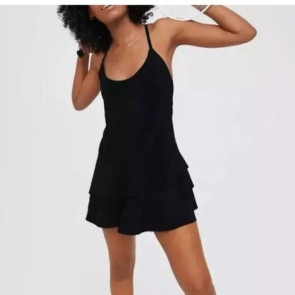Aerie OffLine Black Real Me Maggie Ruffle Tennis Dress w/ Built in Shorts Large - Picture 1 of 13
